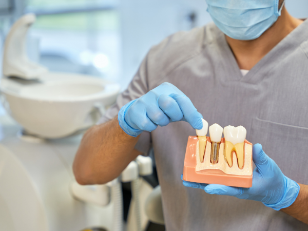dentist holding fake teeth