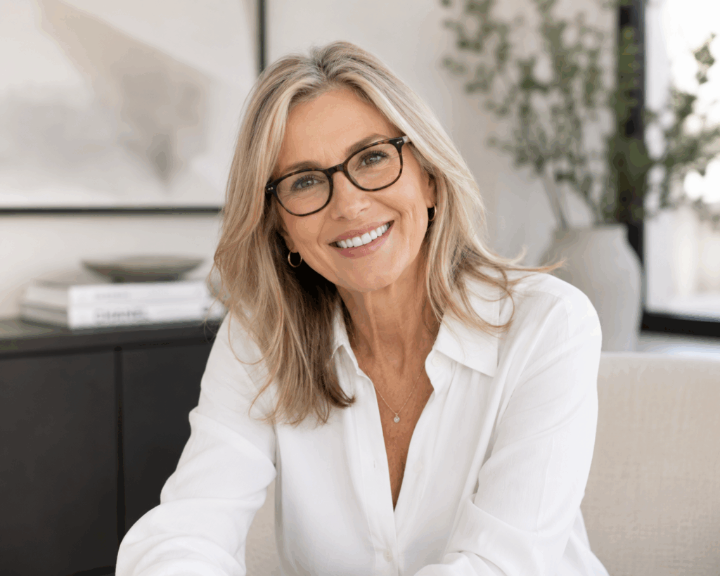 Lady in white blouse wearing glasses, smiling. single-tooth implant